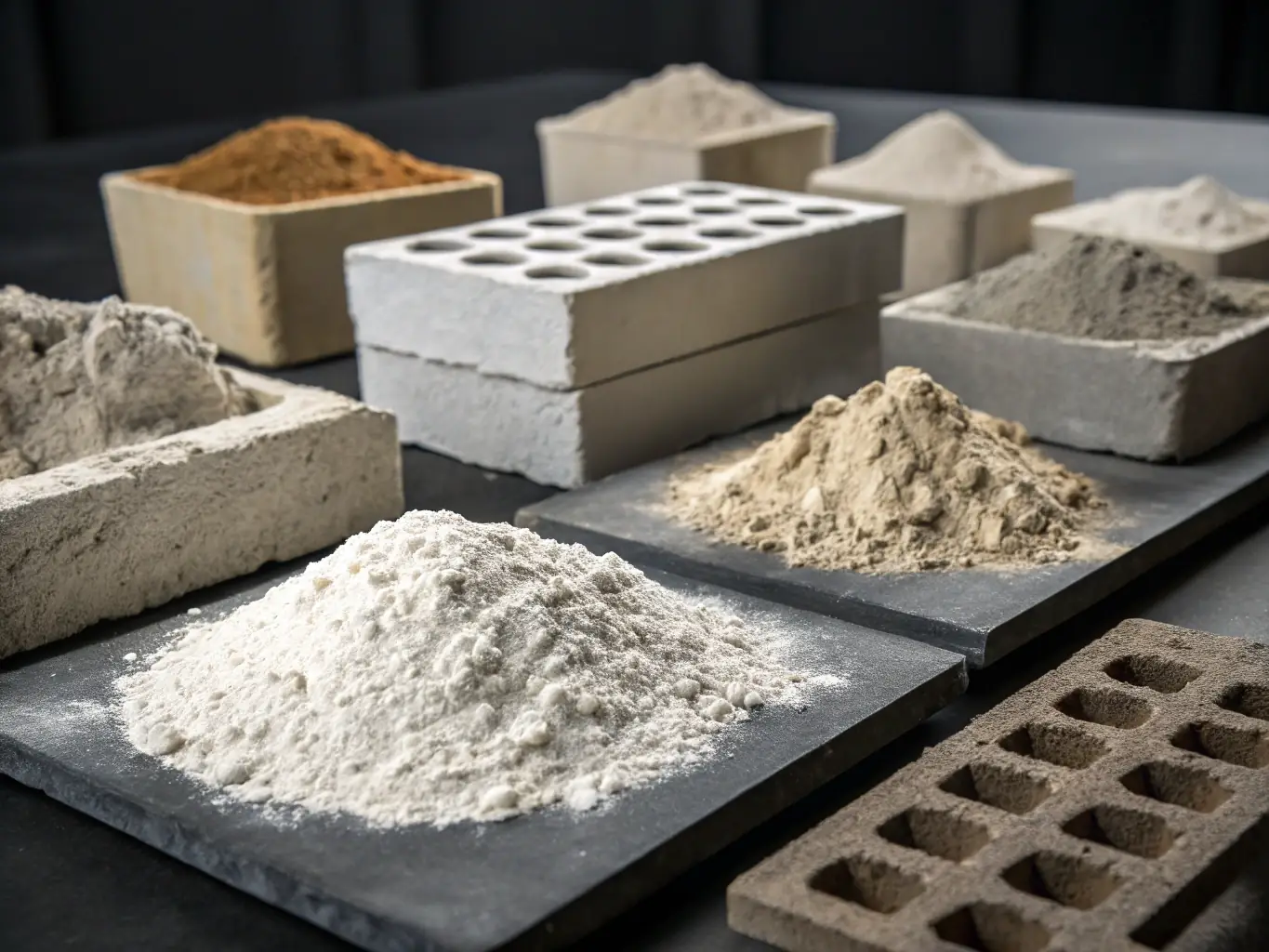 A close-up shot of various cement samples, highlighting the different textures and compositions of Tajik Cement's product line.