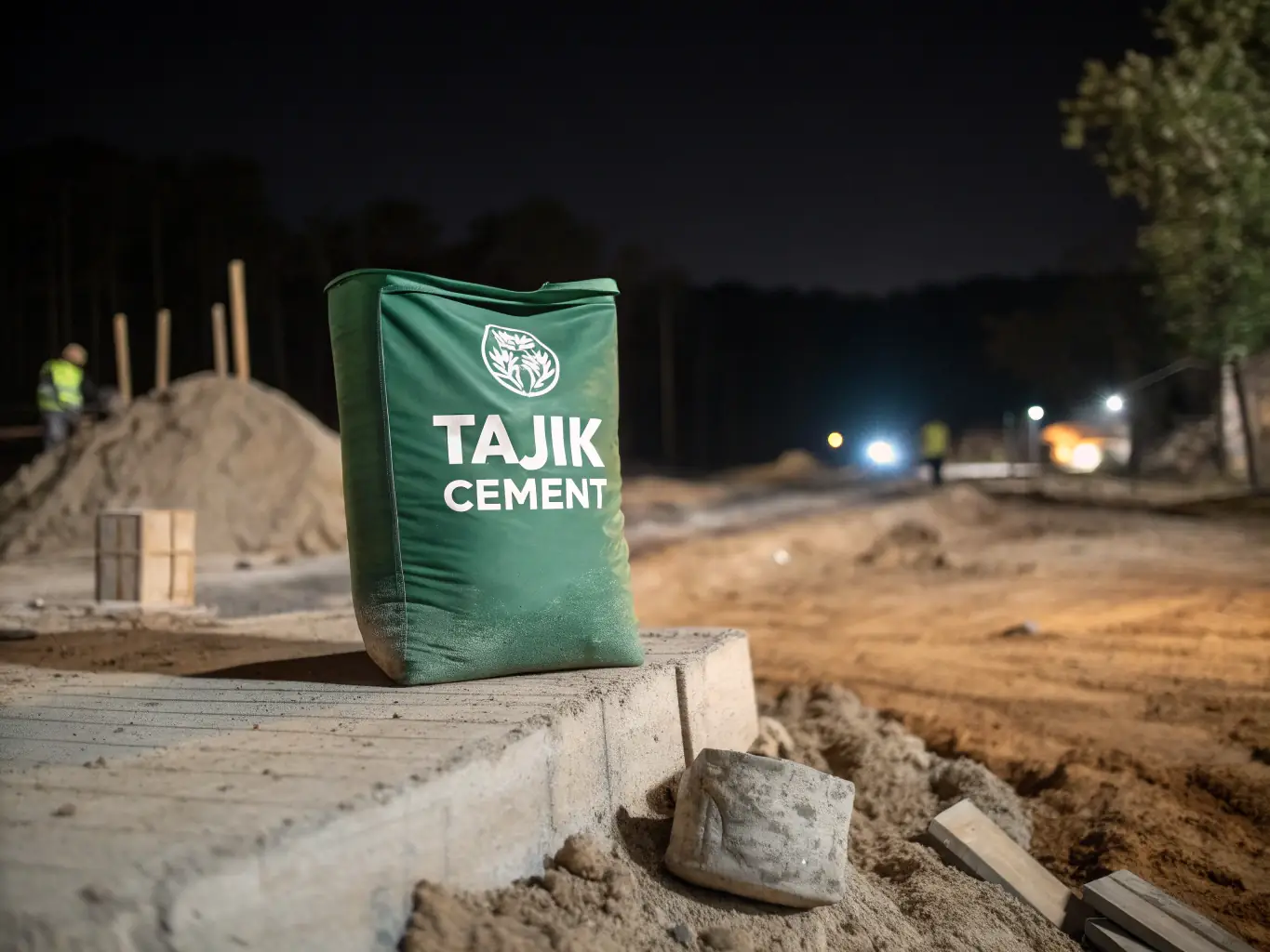 A bag of Tajik Cement's eco-friendly cement displayed on a construction site, with a focus on the green packaging and the natural surroundings.