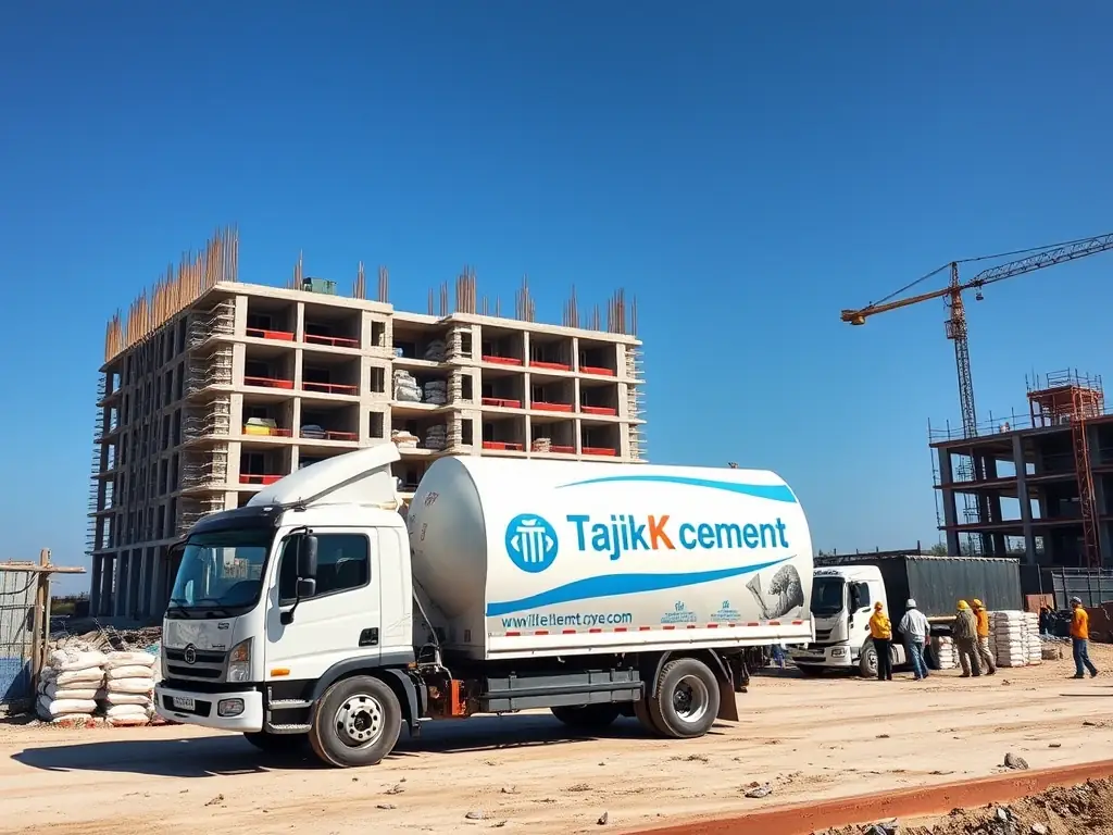 A Tajik Cement delivery truck is shown on a construction site, unloading bags of cement. The background shows a building under construction.