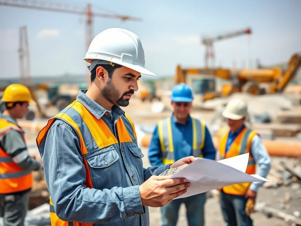 A Tajik Cement engineer is shown on a construction site, consulting with construction workers and examining the cement mixture.