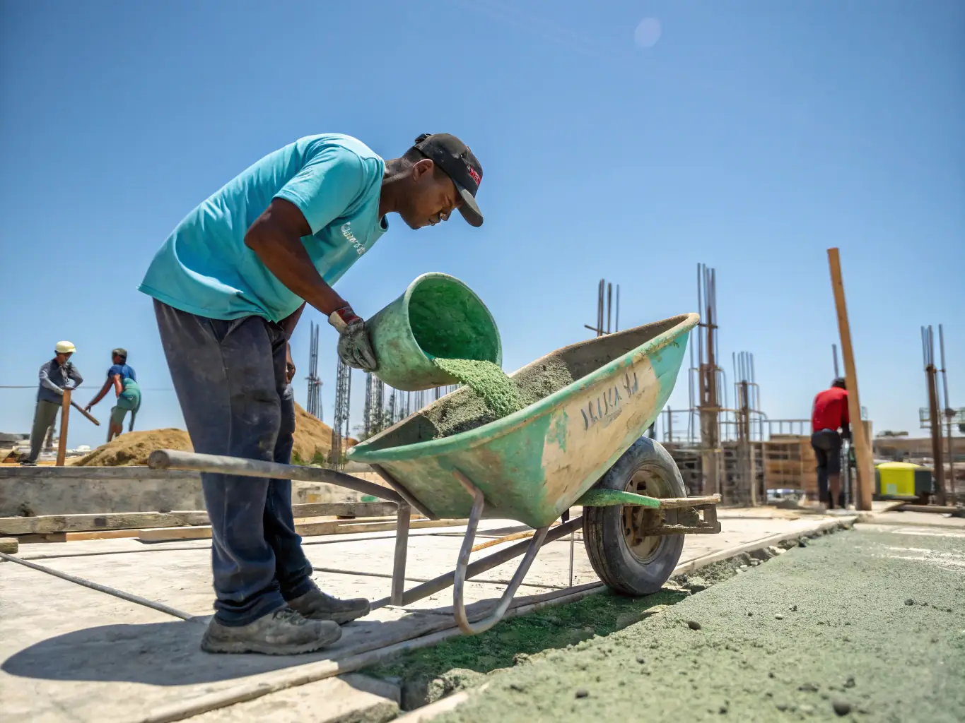 A construction worker pouring high-strength cement into a mold, showcasing the cement's smooth texture and the worker's safety gear.