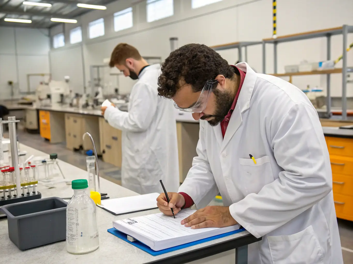 A person is shown in a Tajik Cement laboratory, performing quality control tests on a cement sample.