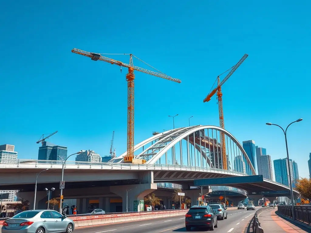 A construction site showcasing the use of high-strength cement in building a bridge, emphasizing its load-bearing capacity and durability in demanding applications.